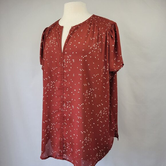 Monday Fun SS Split Neck Blouse With White Ditzy Speckle Print Rust Size 2X - Picture 4 of 12